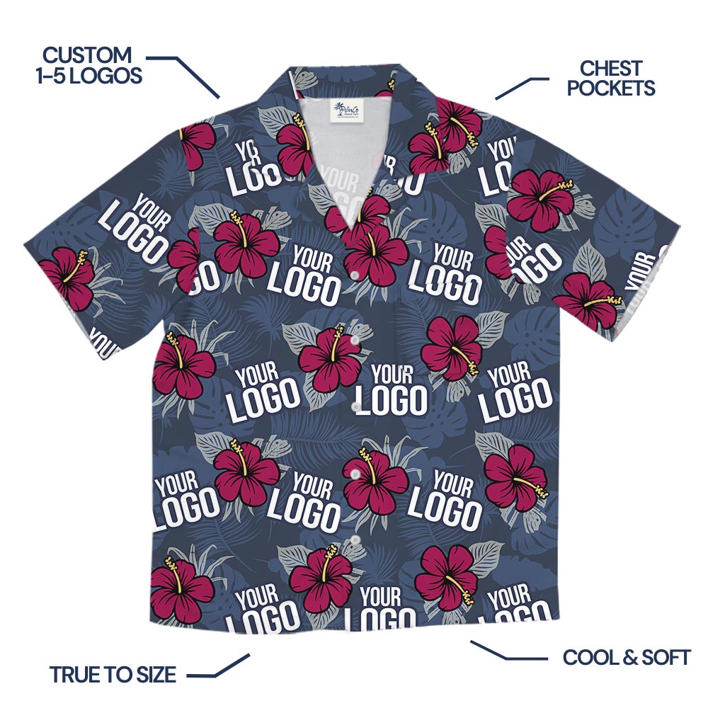 Red Hibiscus Navy Hawaiian Shirt Custom Multiple Logos
