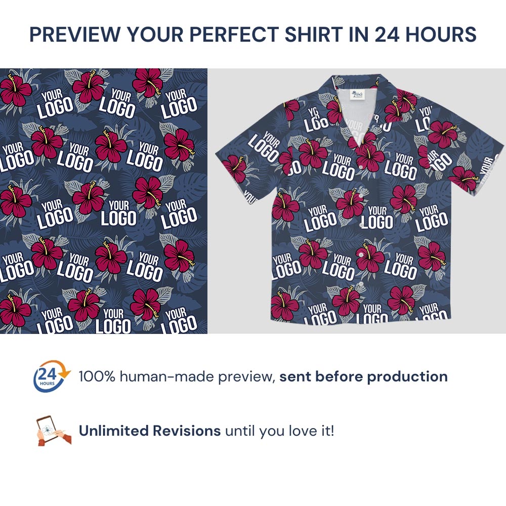 Red Hibiscus Navy Hawaiian Shirt Custom Multiple Logos