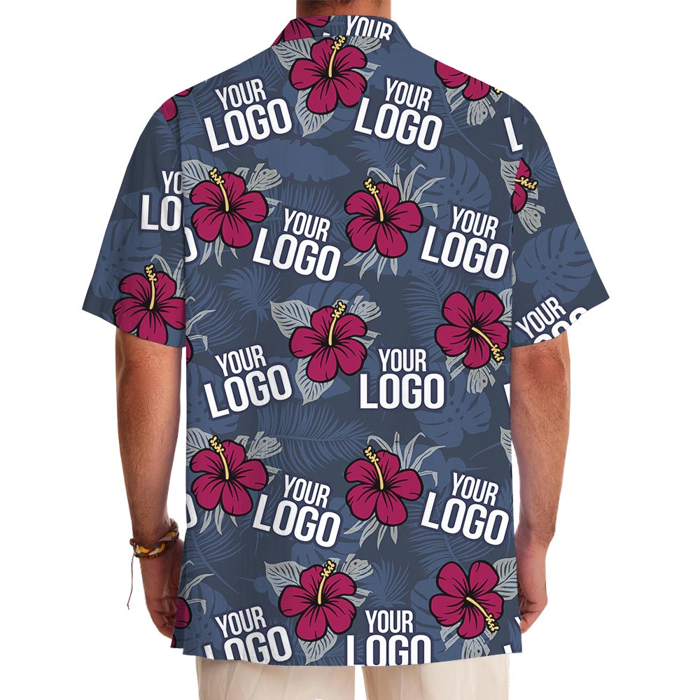 Red Hibiscus Navy Hawaiian Shirt Custom Multiple Logos