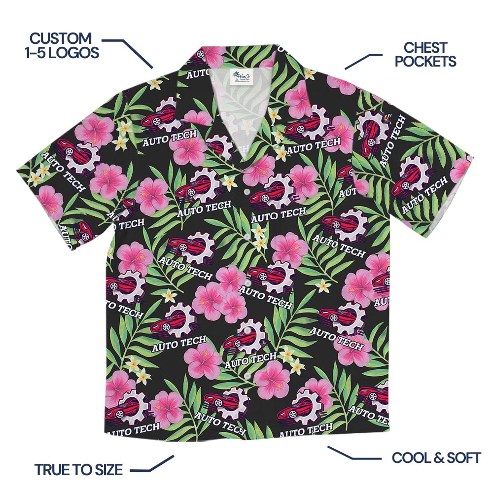 Pink Hibiscus Black Tropical Shirt With Your Logo