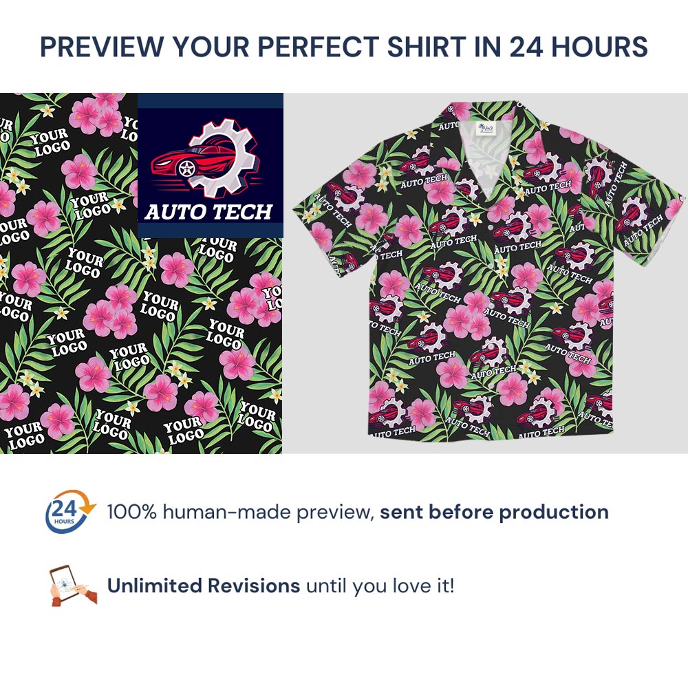 Pink Hibiscus Black Tropical Shirt With Your Logo