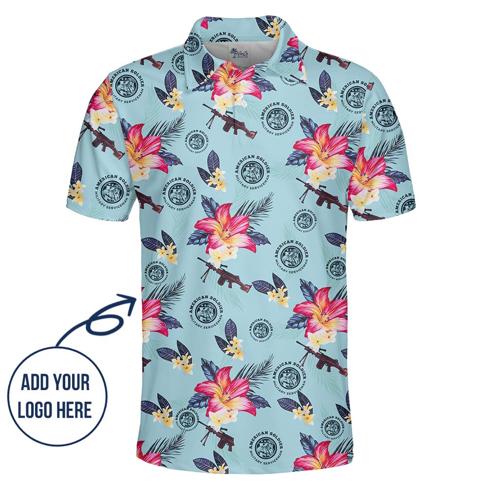 Personalized Tactical Blue Polo Shirt With Floral Print