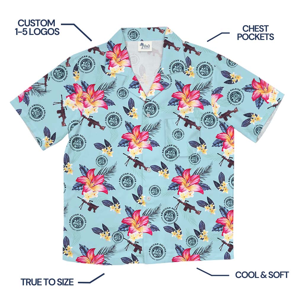 Tactical Blue Hawaiian Shirt With Multiple Logo