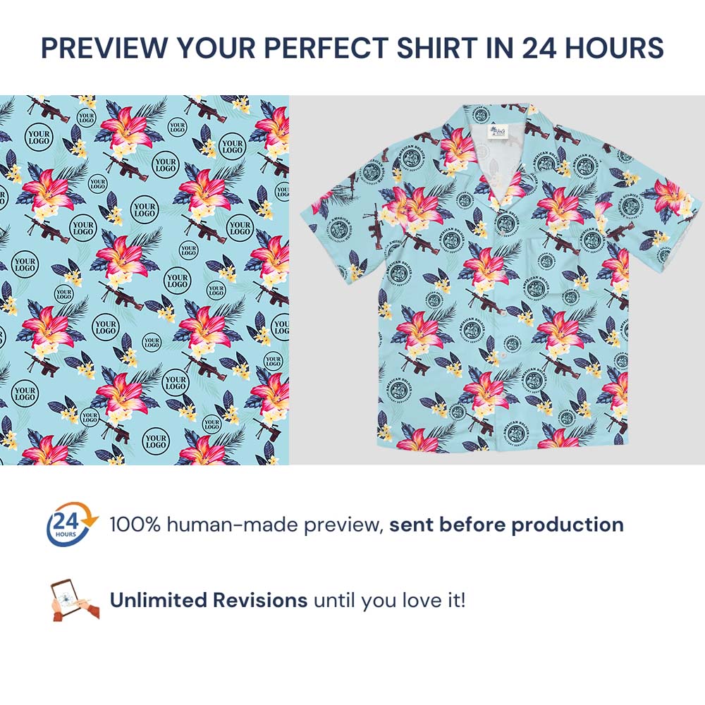 Tactical Blue Hawaiian Shirt With Multiple Logo