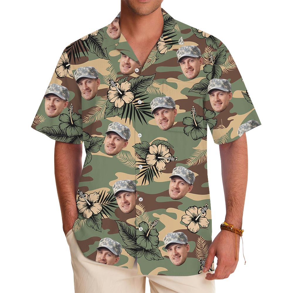 Custom Face Hibiscus Camouflage Military Aloha Shirt - variant image 1