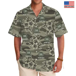 Camo Hibiscus Military Hawaiian Shirt With Logo
