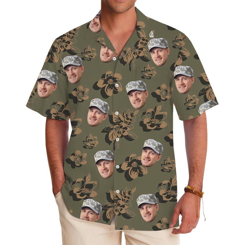 Custom Face Camouflage Olive Green Hawaiian Shirt For Men - variant image 1