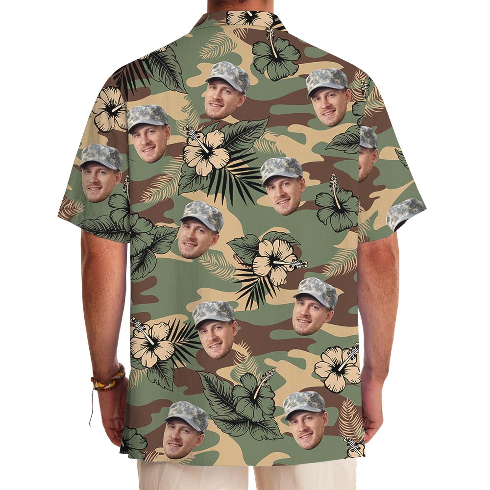 Custom Face Hibiscus Camouflage Military Aloha Shirt