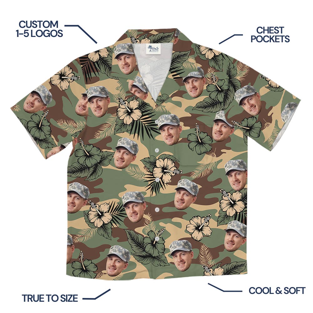 Custom Face Hibiscus Camouflage Military Aloha Shirt