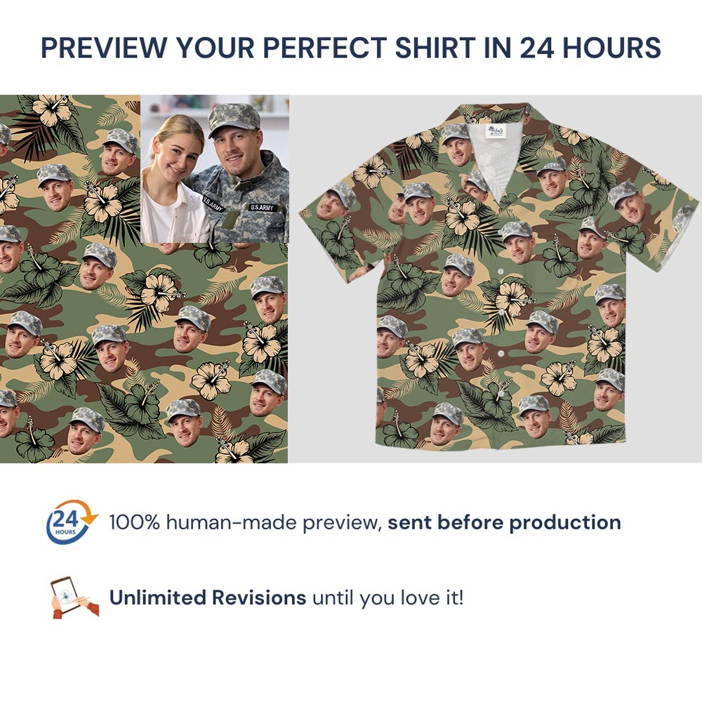 Custom Face Hibiscus Camouflage Military Aloha Shirt