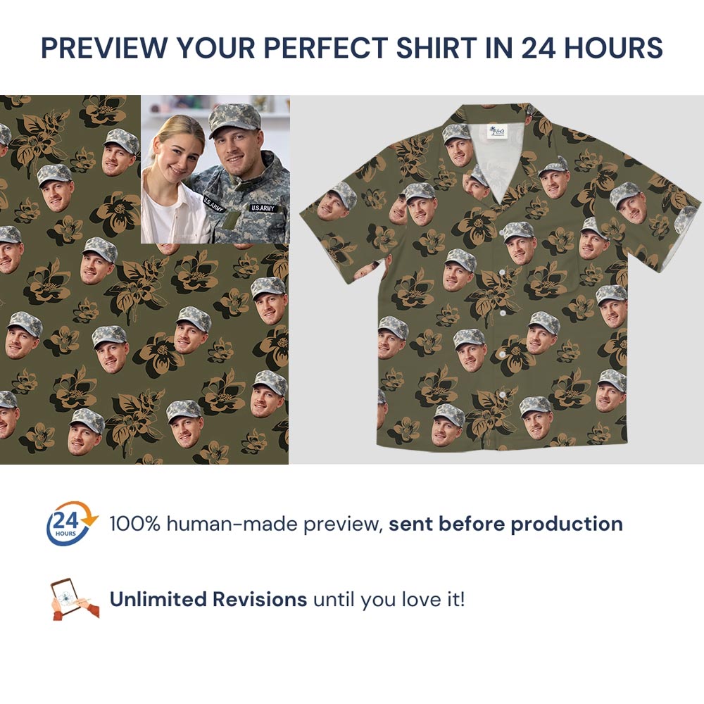 Custom Face Camouflage Olive Green Hawaiian Shirt For Men