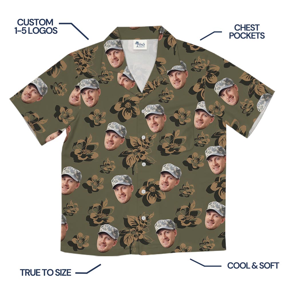 Custom Face Camouflage Olive Green Hawaiian Shirt For Men