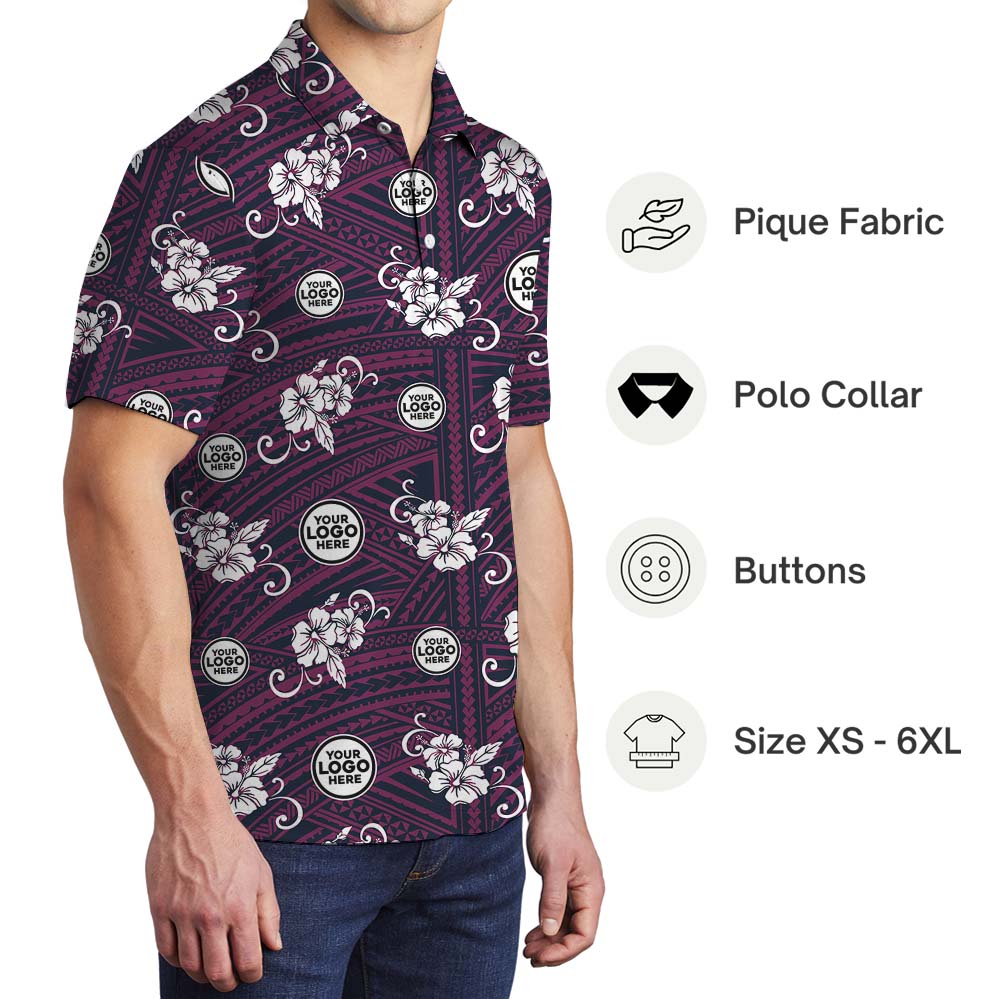 Purple Hibiscus Elegance Collared Polo Shirt With Logo
