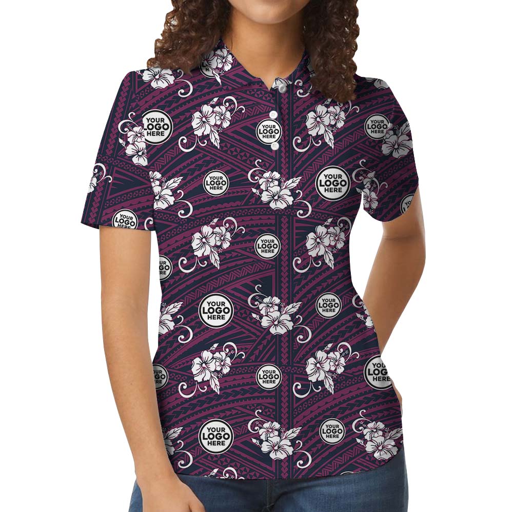 Purple Hibiscus Elegance Collared Polo Shirt With Logo