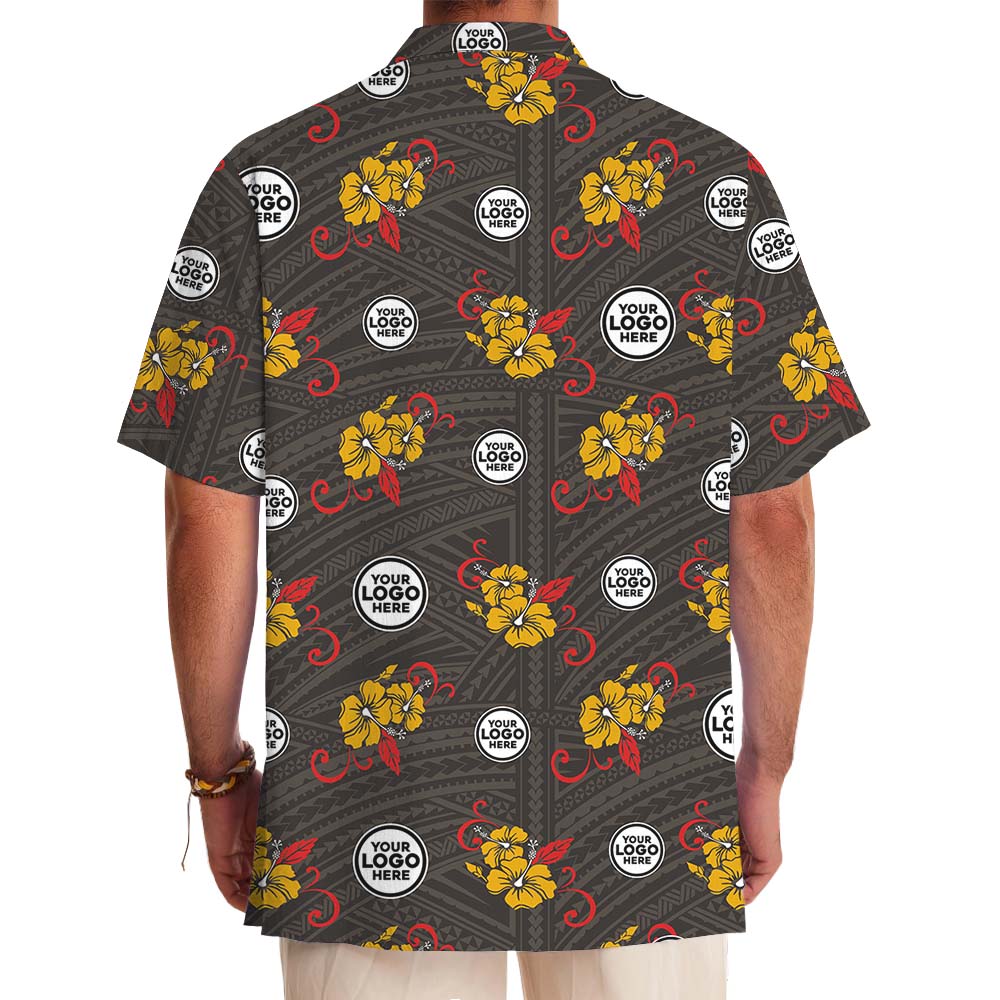 Red And Yellow Charm Hibiscus Hawaiian Shirt With Logo
