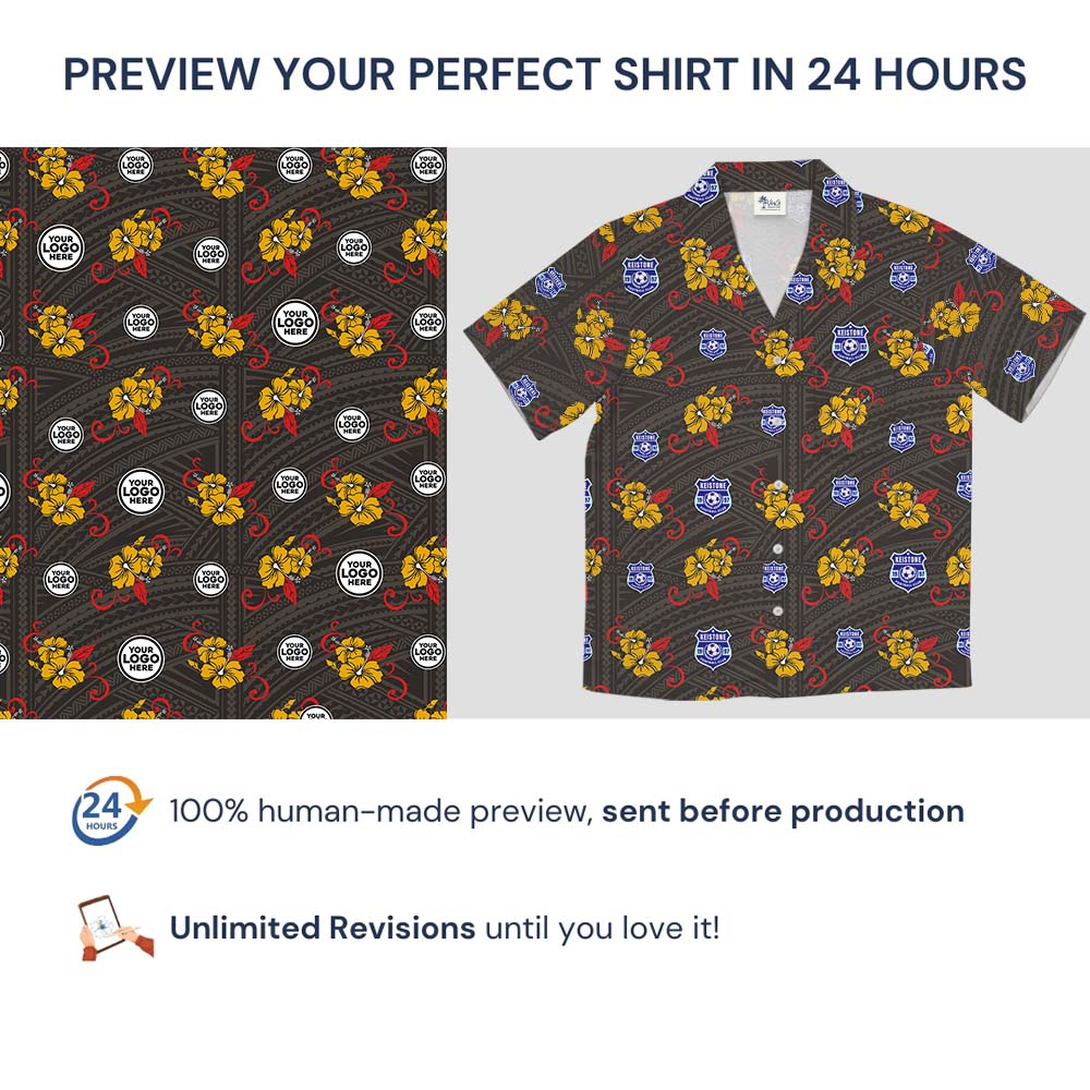 Red And Yellow Charm Hibiscus Hawaiian Shirt With Logo