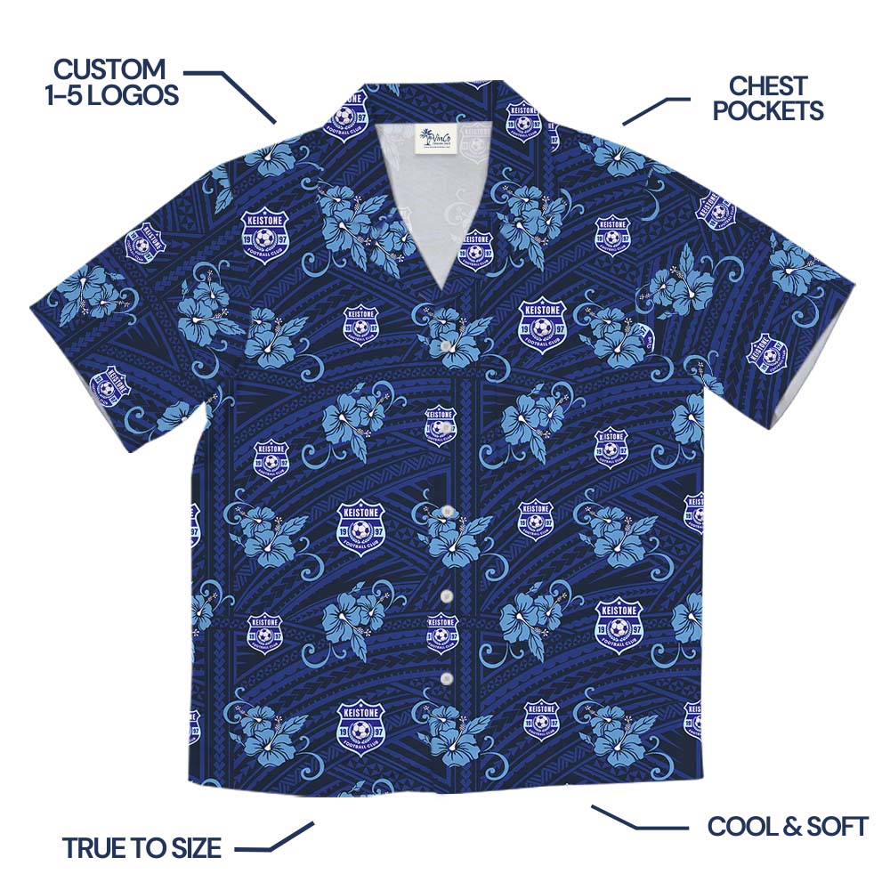 Vintage Blue Floral Hawaiian Shirt With Multiple Logos