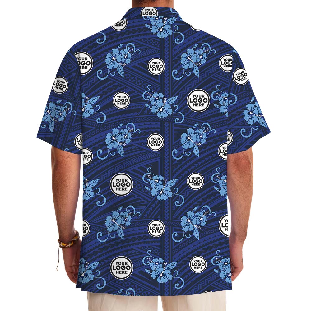 Vintage Blue Floral Hawaiian Shirt With Multiple Logos