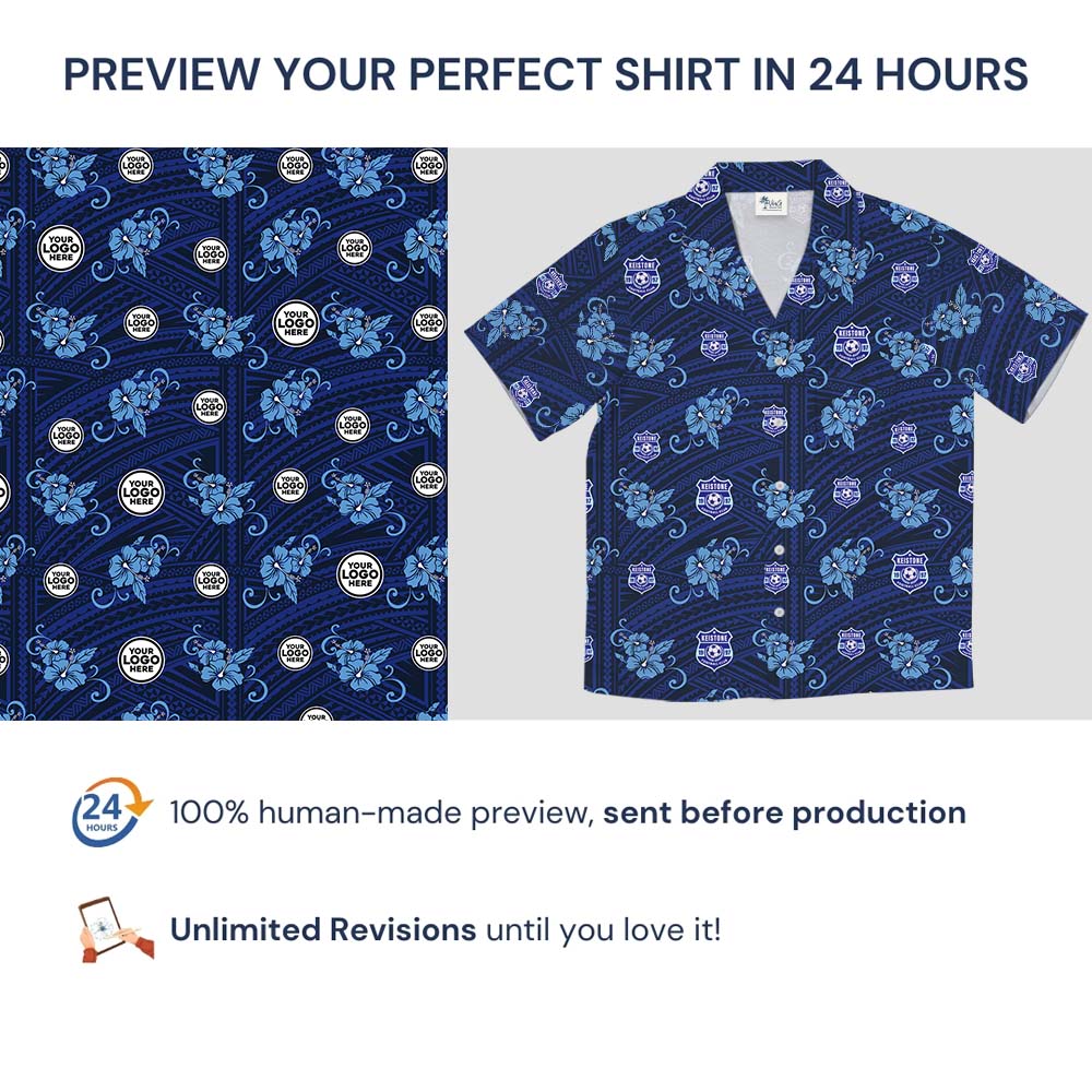 Vintage Blue Floral Hawaiian Shirt With Multiple Logos