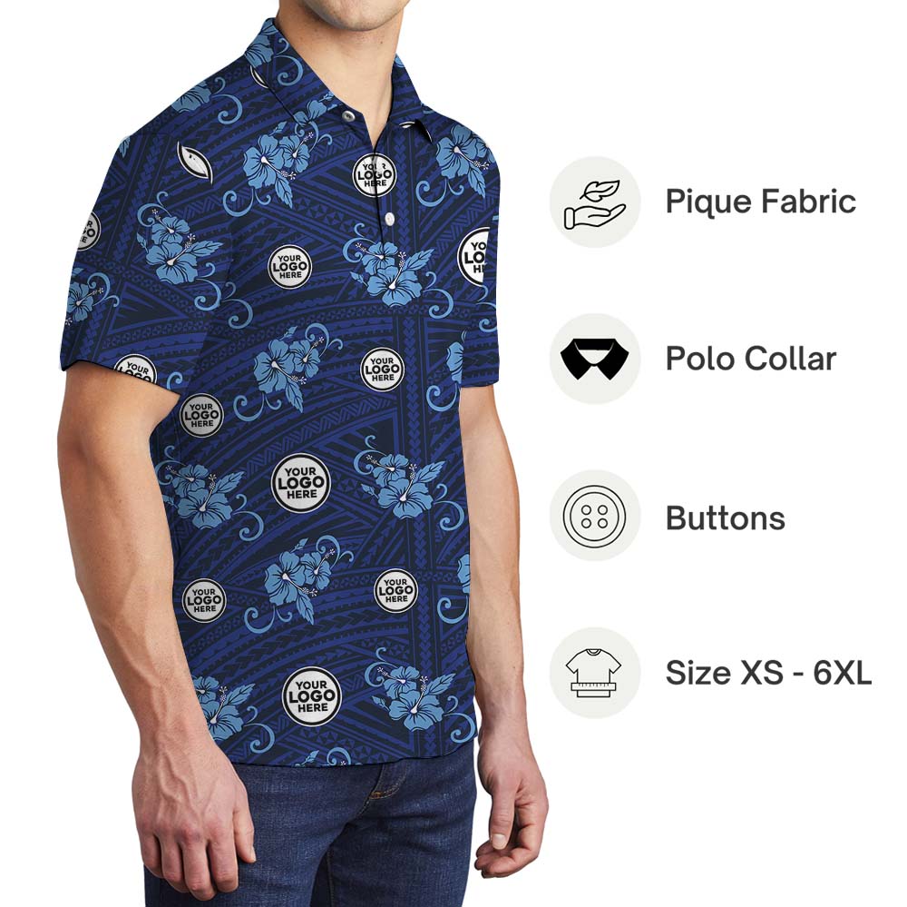 Custom Logo Team Polo Shirt With Blue Vintage Hibiscus