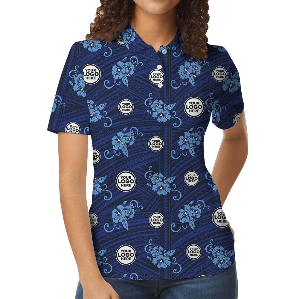 Custom Logo Team Polo Shirt With Blue Vintage Hibiscus