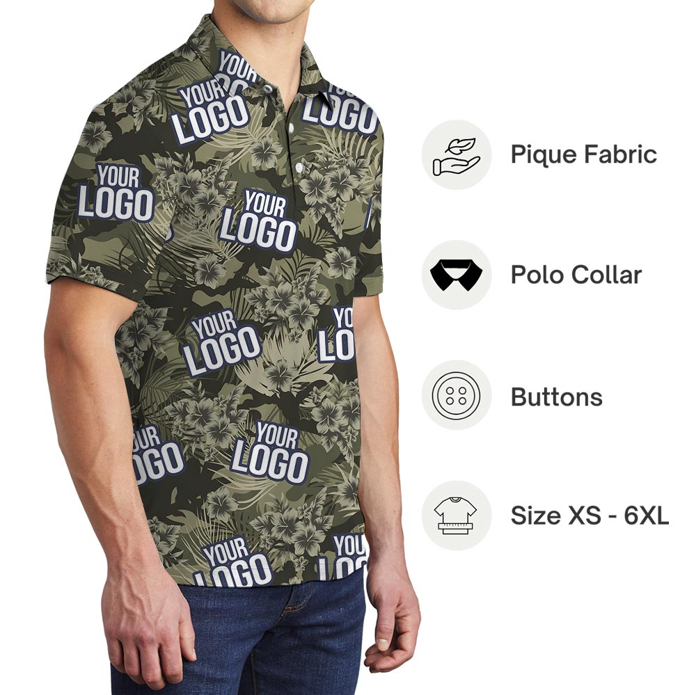 Custom Logo Hibiscus Tropical Hawaiian Polo Military Camo Theme