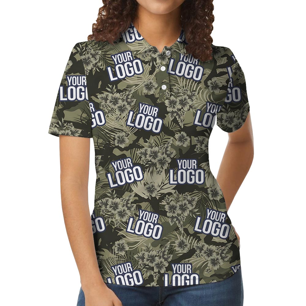 Custom Logo Hibiscus Tropical Hawaiian Polo Military Camo Theme
