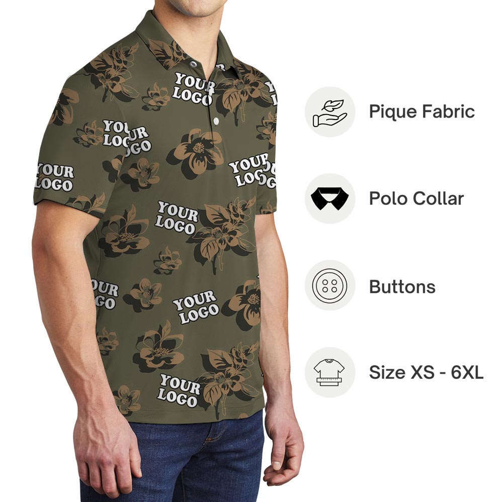 Hibiscus Tropical Camouflage Olive Polo Shirt With Custom Logo