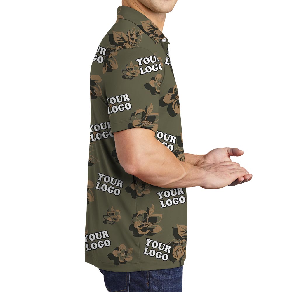 Hibiscus Tropical Camouflage Olive Polo Shirt With Custom Logo