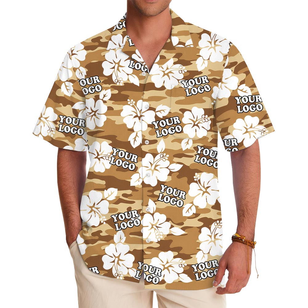Custom Logo Hibiscus Brown Camouflage Military Hawaiian Shirt - variant image 1