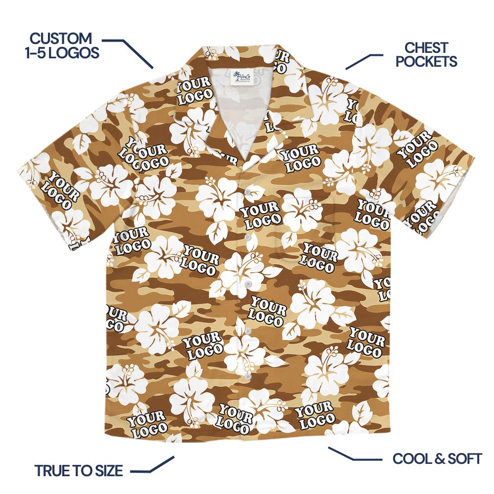 Custom Logo Hibiscus Brown Camouflage Military Hawaiian Shirt