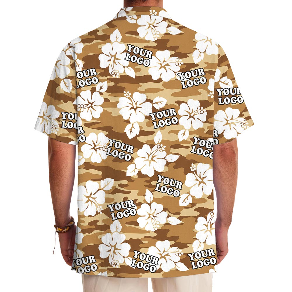 Custom Logo Hibiscus Brown Camouflage Military Hawaiian Shirt