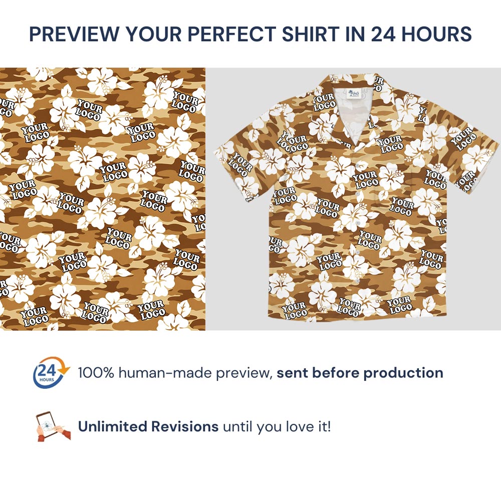 Custom Logo Hibiscus Brown Camouflage Military Hawaiian Shirt