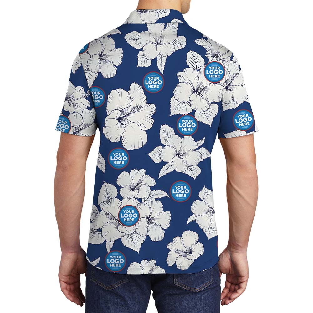 Vintage Floral Blue Collared Polo Shirt With Logo