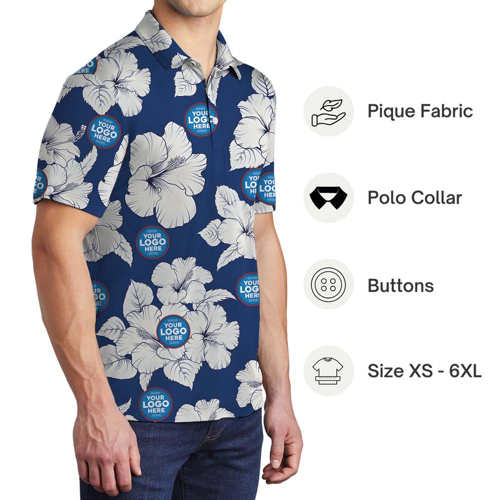 Vintage Floral Blue Collared Polo Shirt With Logo