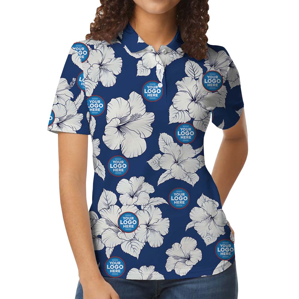 Vintage Floral Blue Collared Polo Shirt With Logo