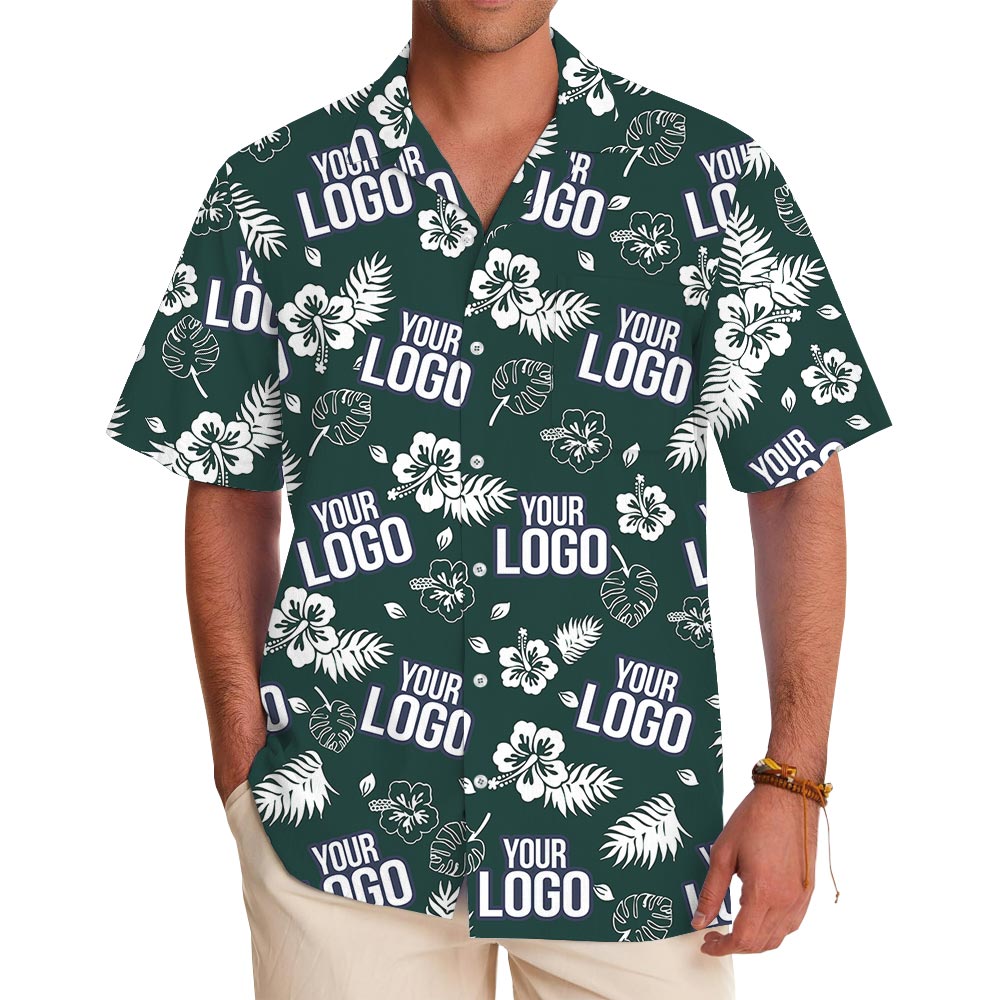 Green Custom Logo Tropical Shirt With Pockets