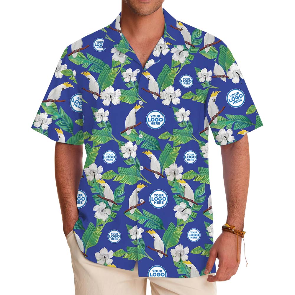 Tropical Cockatoo Hibiscus Blue Hawaiian Shirt With Custom Logo - variant image 1