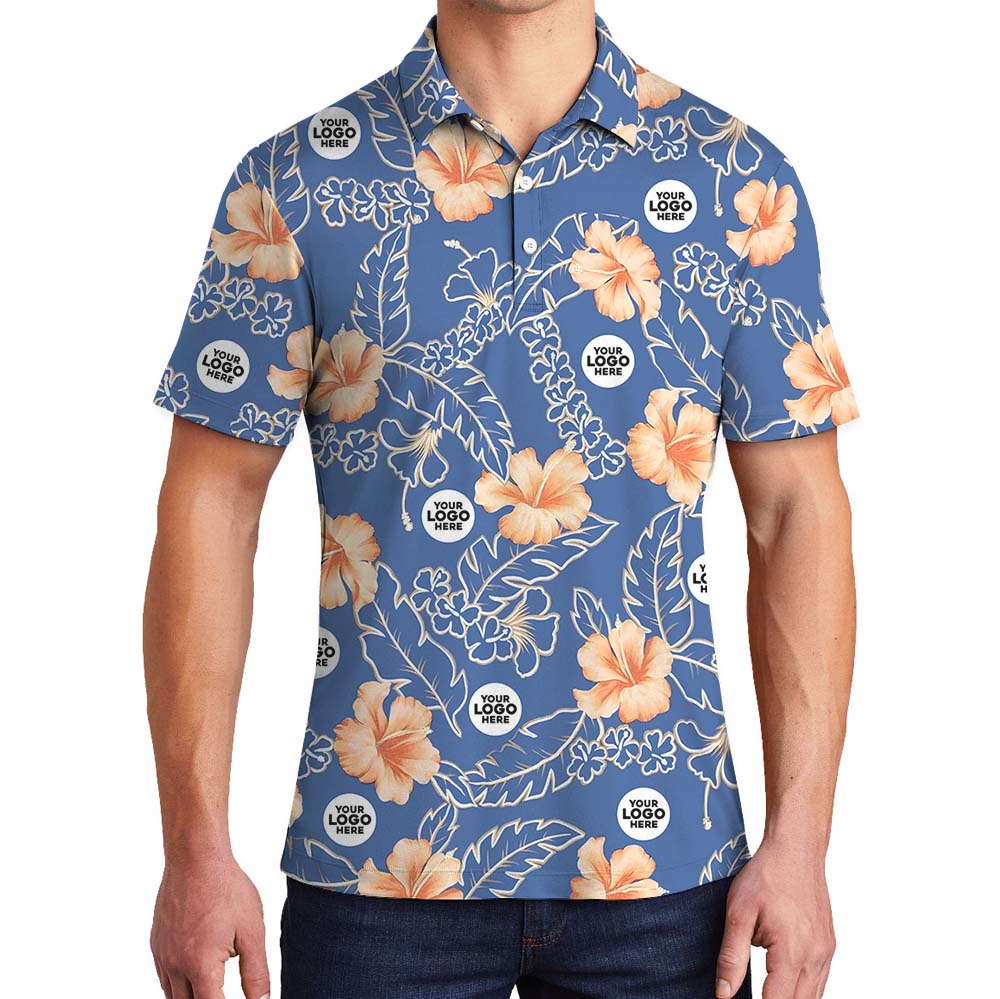 Blue Floral Collared Polo Golf Shirt With Custom Logo - variant image 1