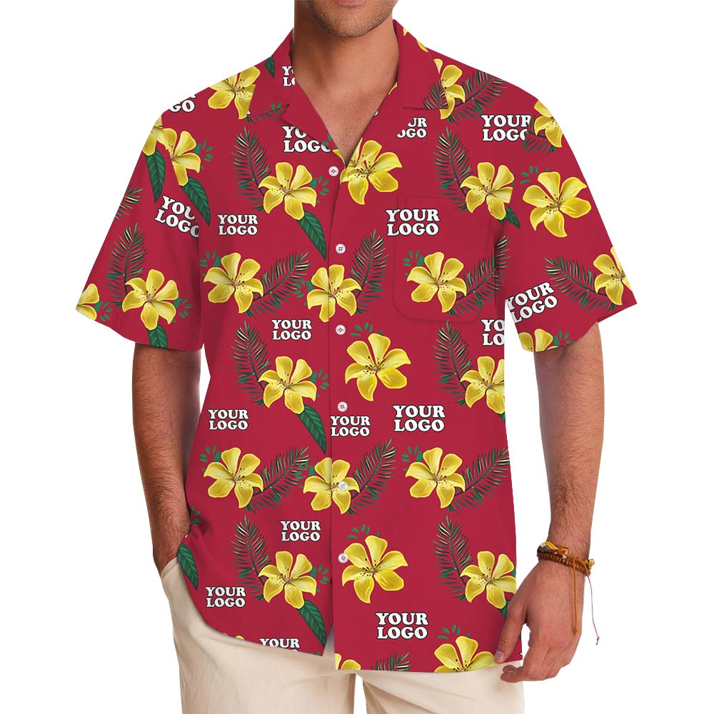 Red And Yellow Floral Hawaiian Shirt With Logo On Them - variant image 1