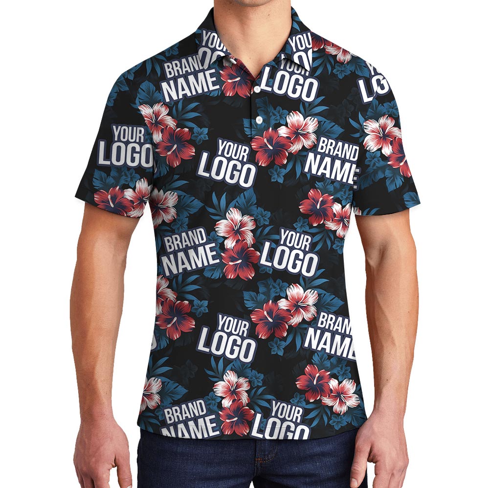 Navy Hibiscus Polo Shirt With Personalized Logo - variant image 1