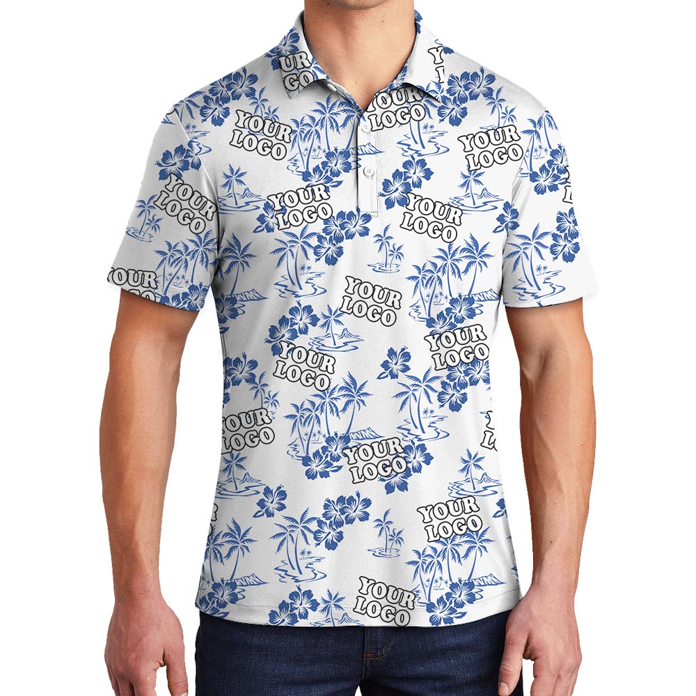 White Floral Custom Logo Hawaiian Golf Polo Shirt - variant image 1