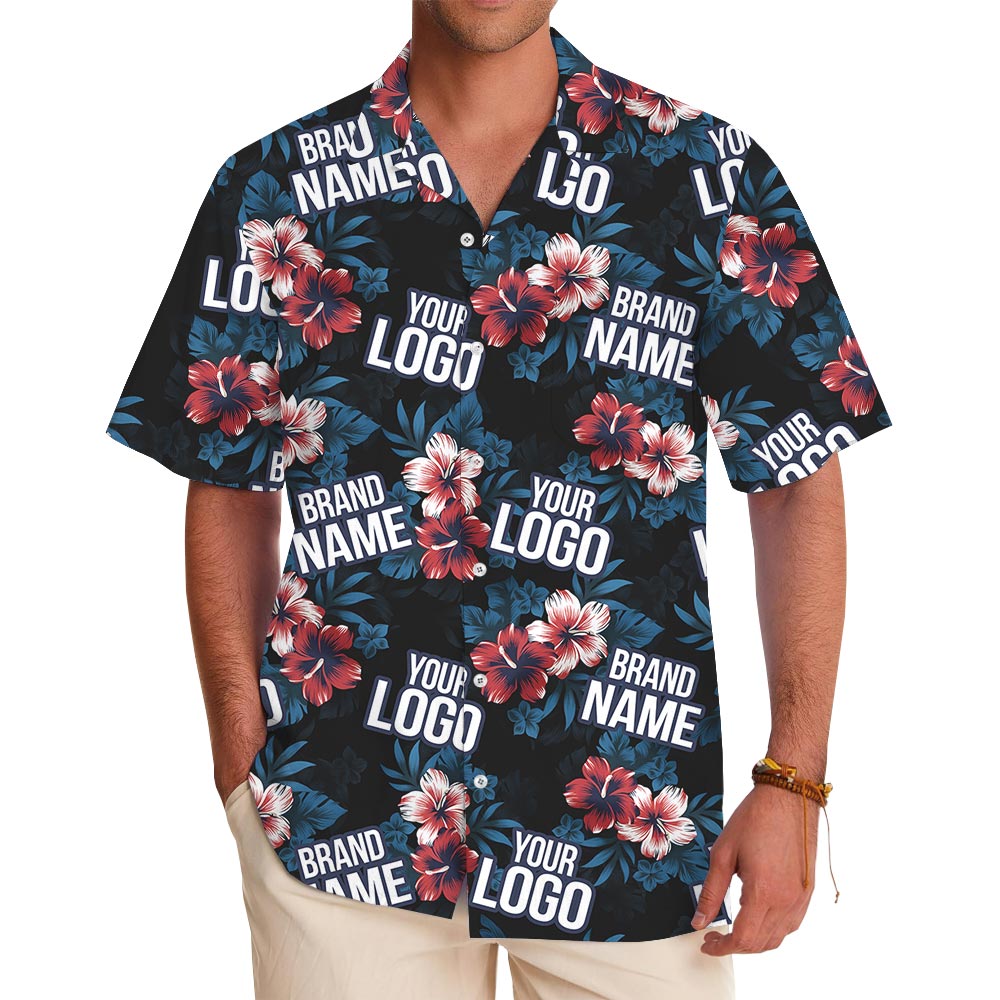 Customized Logo Hibiscus Navy Hawaiian Shirt With Pocket - variant image 1