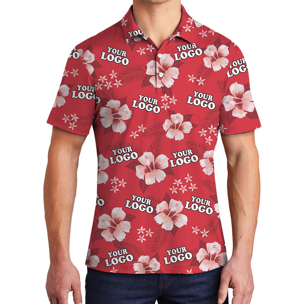 Red Hibiscus Hawaiian Polo Shirt With Custom Logo - variant image 1