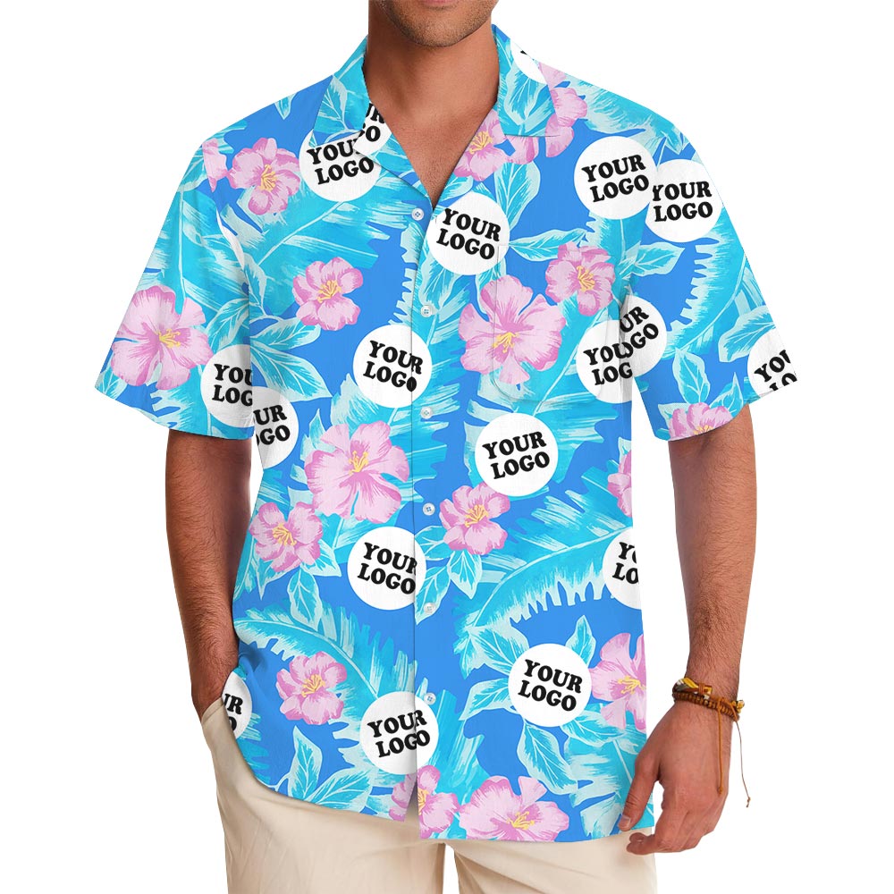 Custom Company Logo Blue Hawaiian Shirt Pink Hibiscus - variant image 1