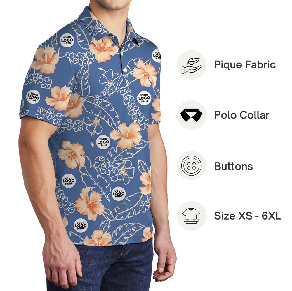 Blue Floral Collared Polo Golf Shirt With Custom Logo