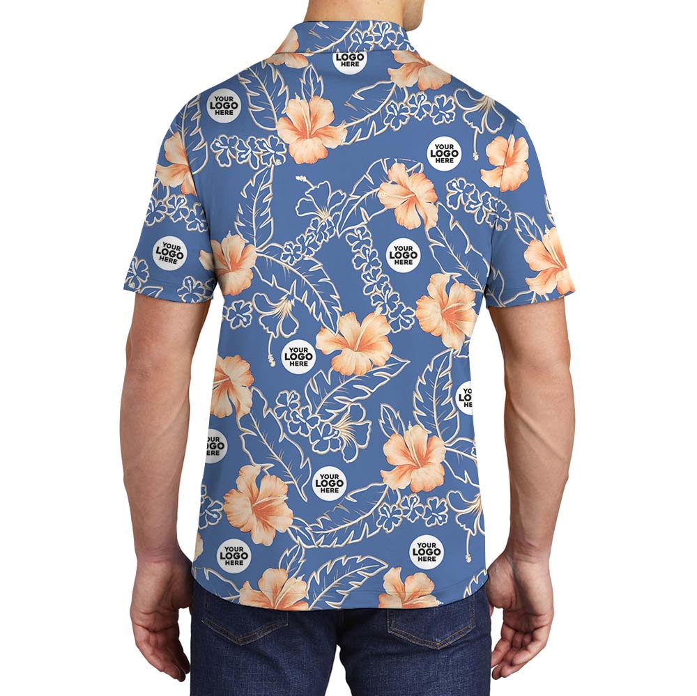 Blue Floral Collared Polo Golf Shirt With Custom Logo