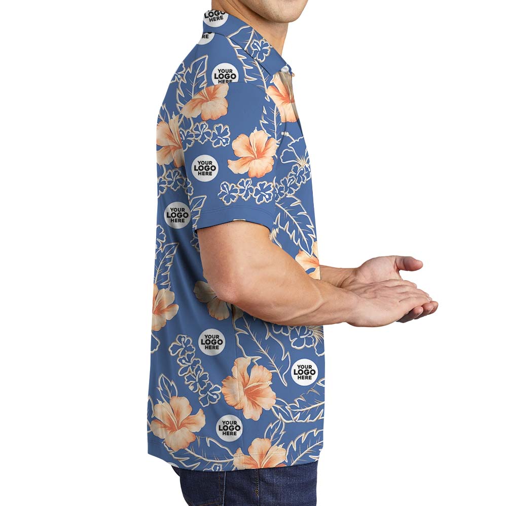 Blue Floral Collared Polo Golf Shirt With Custom Logo