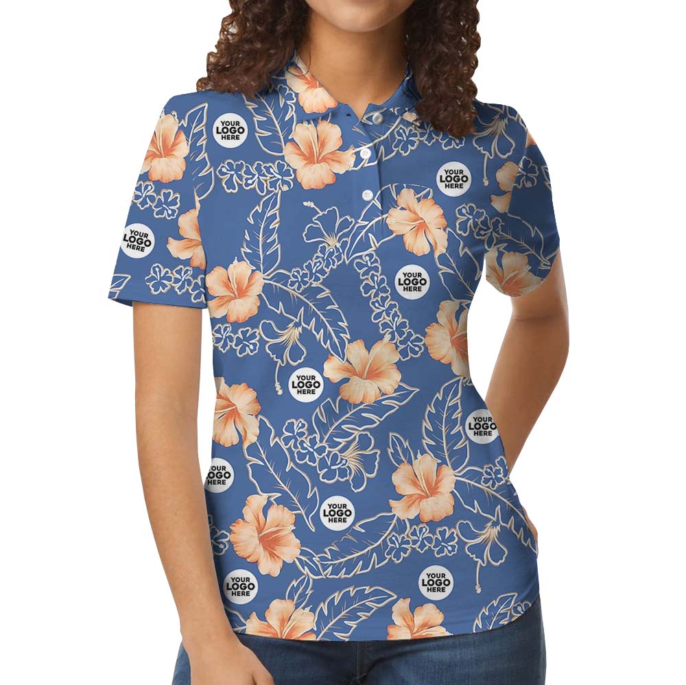 Blue Floral Collared Polo Golf Shirt With Custom Logo