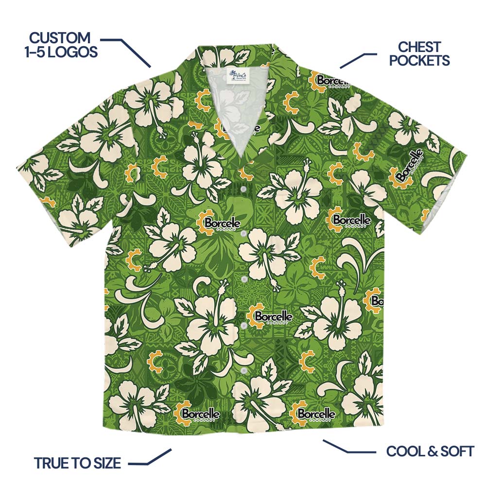 White And Green Hibiscus Hawaiian Shirt With Logo